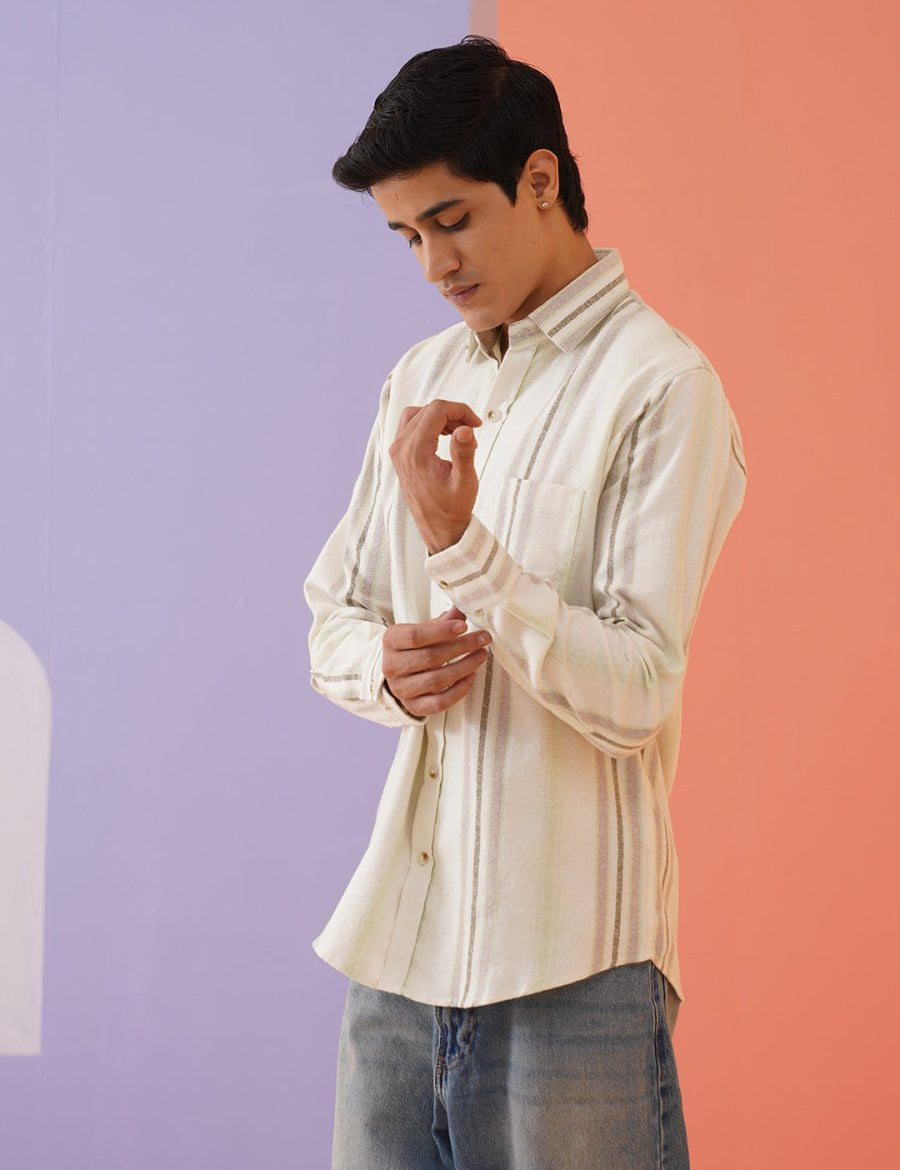 Cream Striped Cotton Blend Shirt for Men - SF_982Cream_S