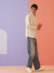 Cream Striped Cotton Blend Shirt for Men - SF_982Cream_S