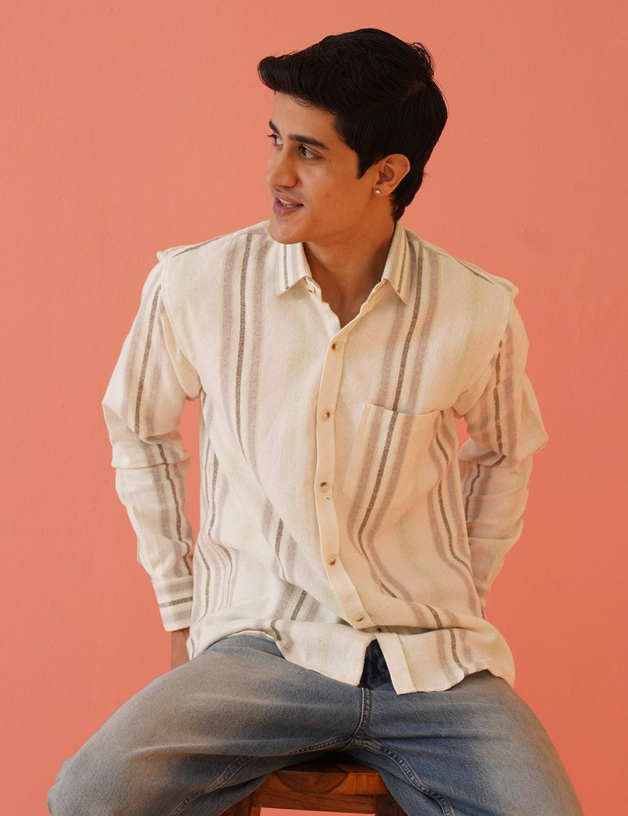 Cream Striped Cotton Blend Shirt for Men - SF_982Cream_S