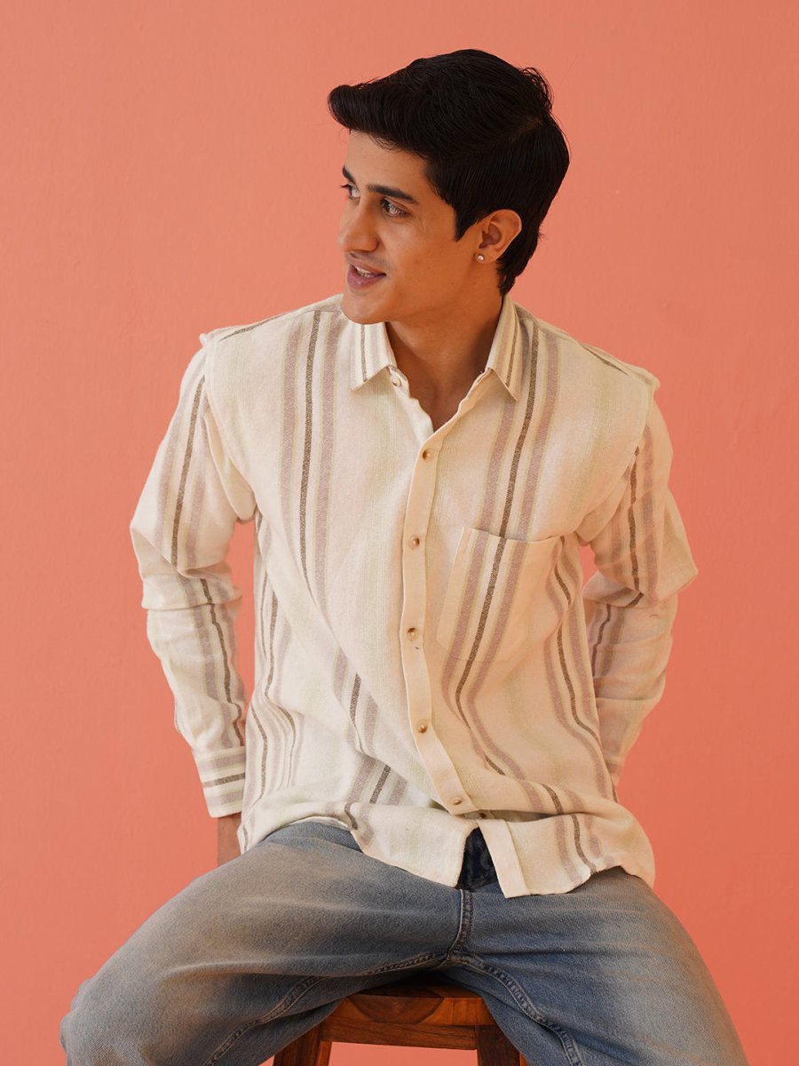Cream Striped Cotton Blend Shirt for Men - SF_982Cream_S