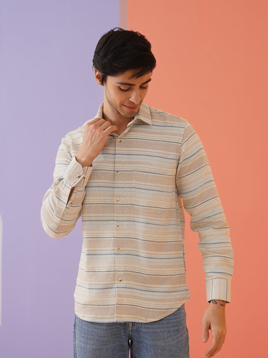 Cream Striped Cotton Shirt for Men - SF_9020Cream_S
