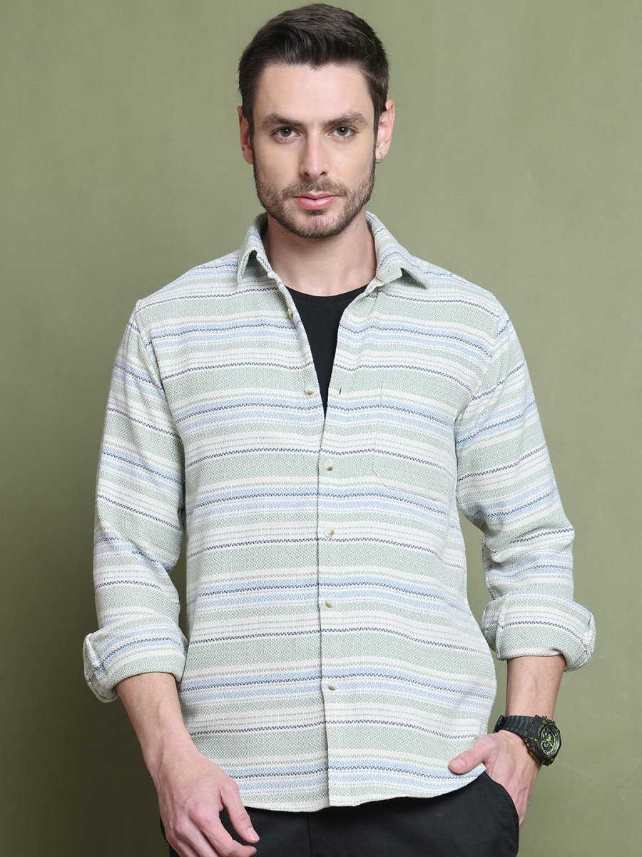 Cream Striped Cotton Shirt for Men - SF_9020Pista_S