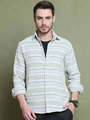 Cream Striped Cotton Shirt for Men - SF_9020Pista_S