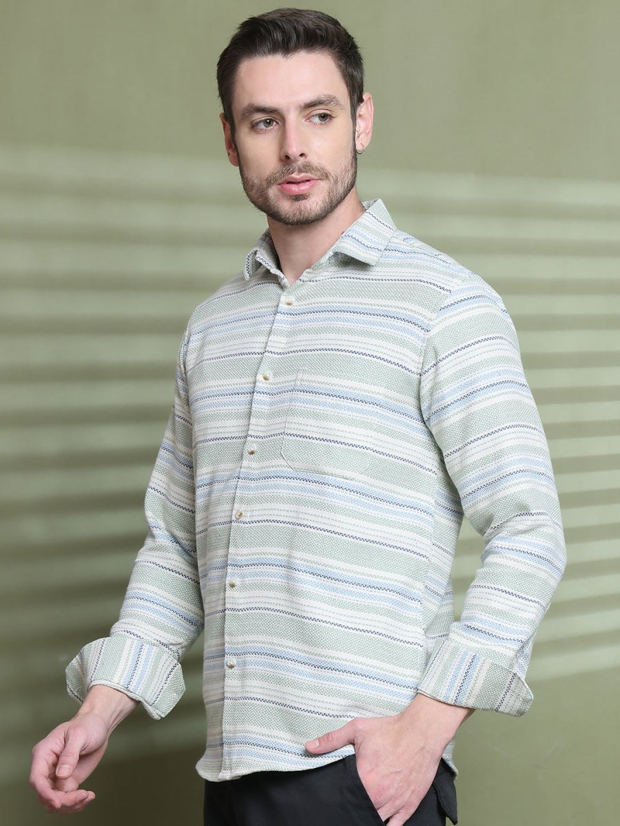 Cream Striped Cotton Shirt for Men - SF_9020Pista_S
