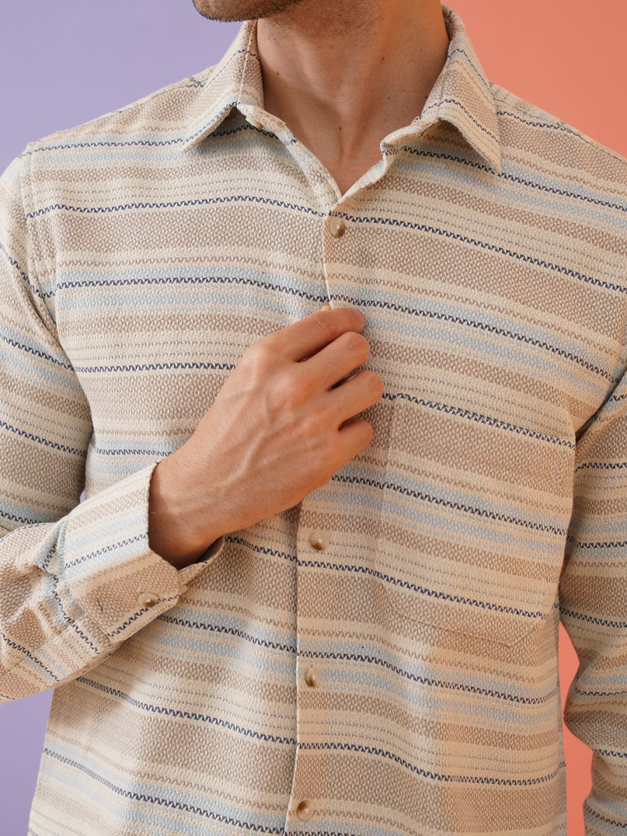 Cream Striped Cotton Shirt for Men - SF_9020Cream_S