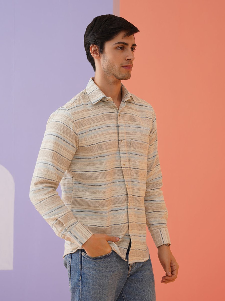 Cream Striped Cotton Shirt for Men - SF_9020Cream_S