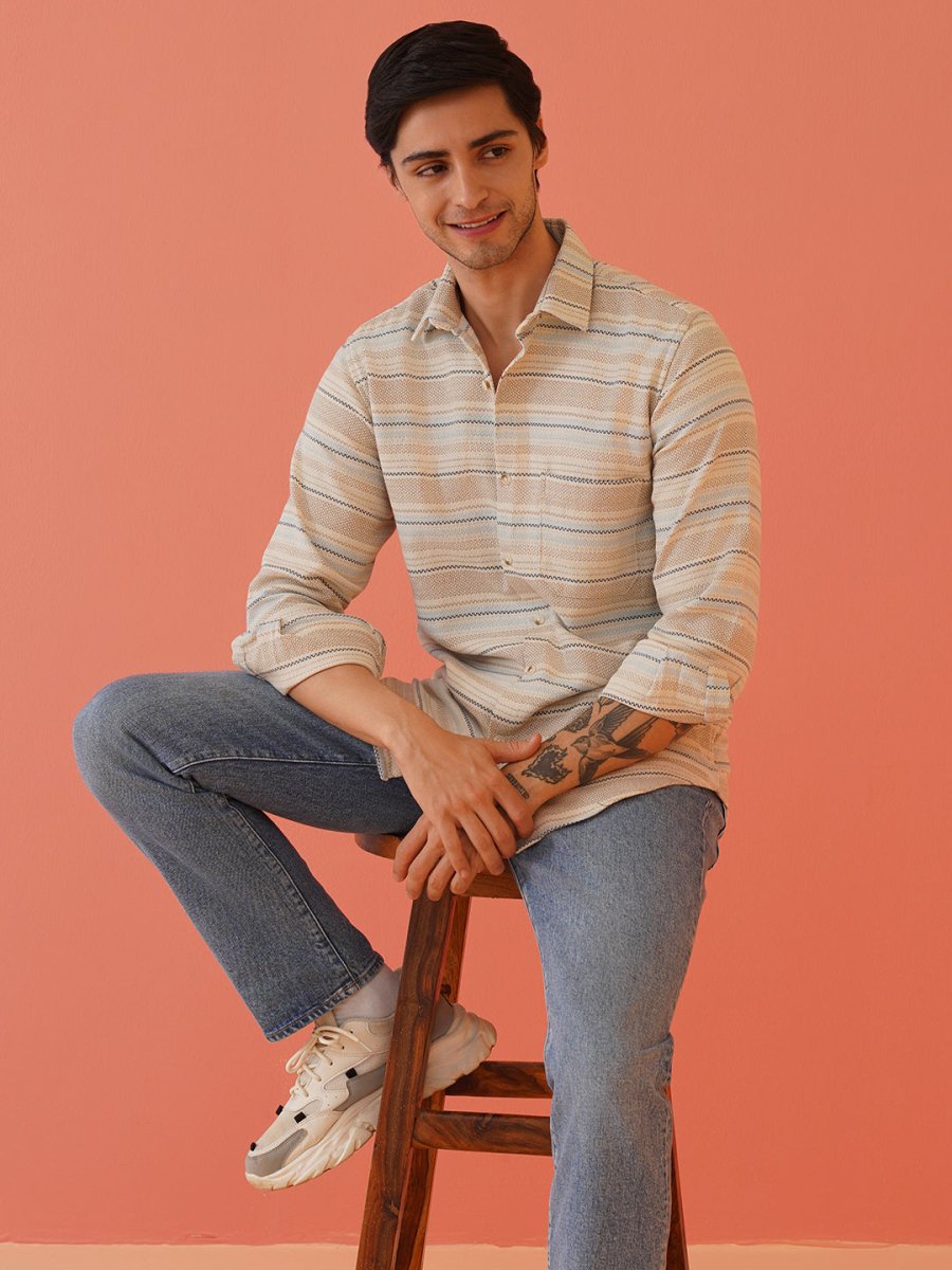 Cream Striped Cotton Shirt for Men - SF_9020Cream_S