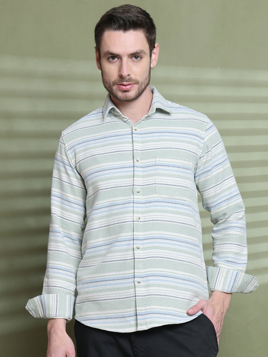 Cream Striped Cotton Shirt for Men - SF_9020Pista_S