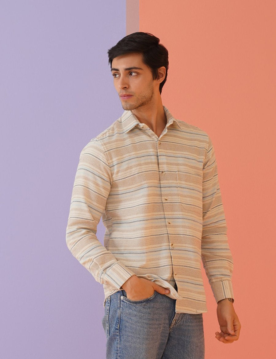 Cream Striped Cotton Shirt for Men - SF_9020Cream_S