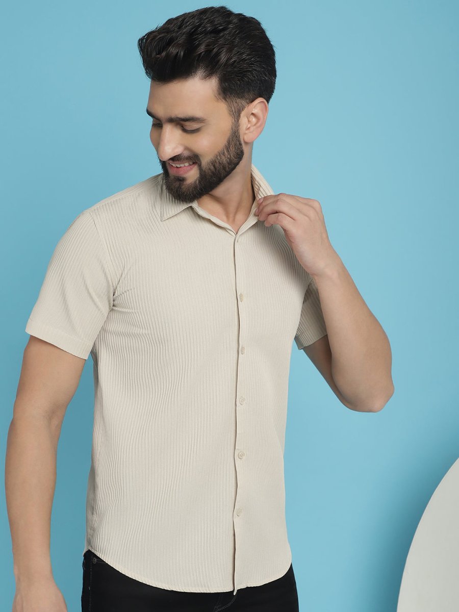 Cream Striped Half Sleeve Shirt for Men - SF_921Cream_S