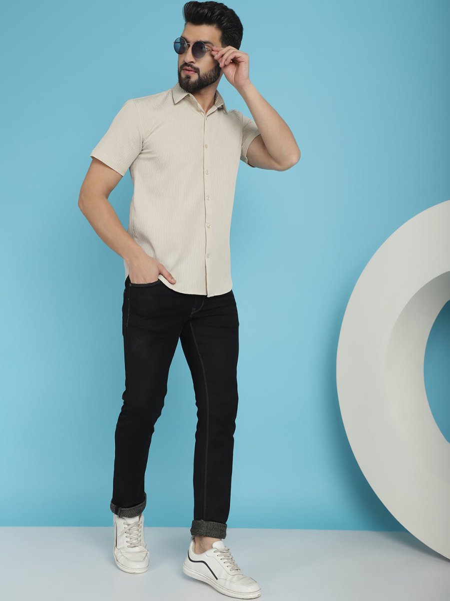 Cream Striped Half Sleeve Shirt for Men - SF_921Cream_S