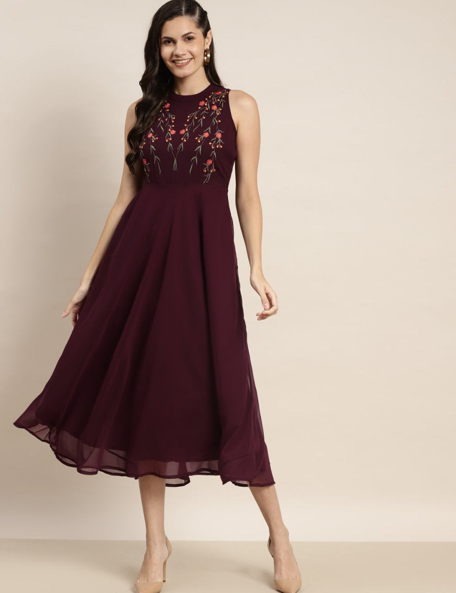 Embroidered A-Line Midi Women Dress - JOK_1472_Purple_S