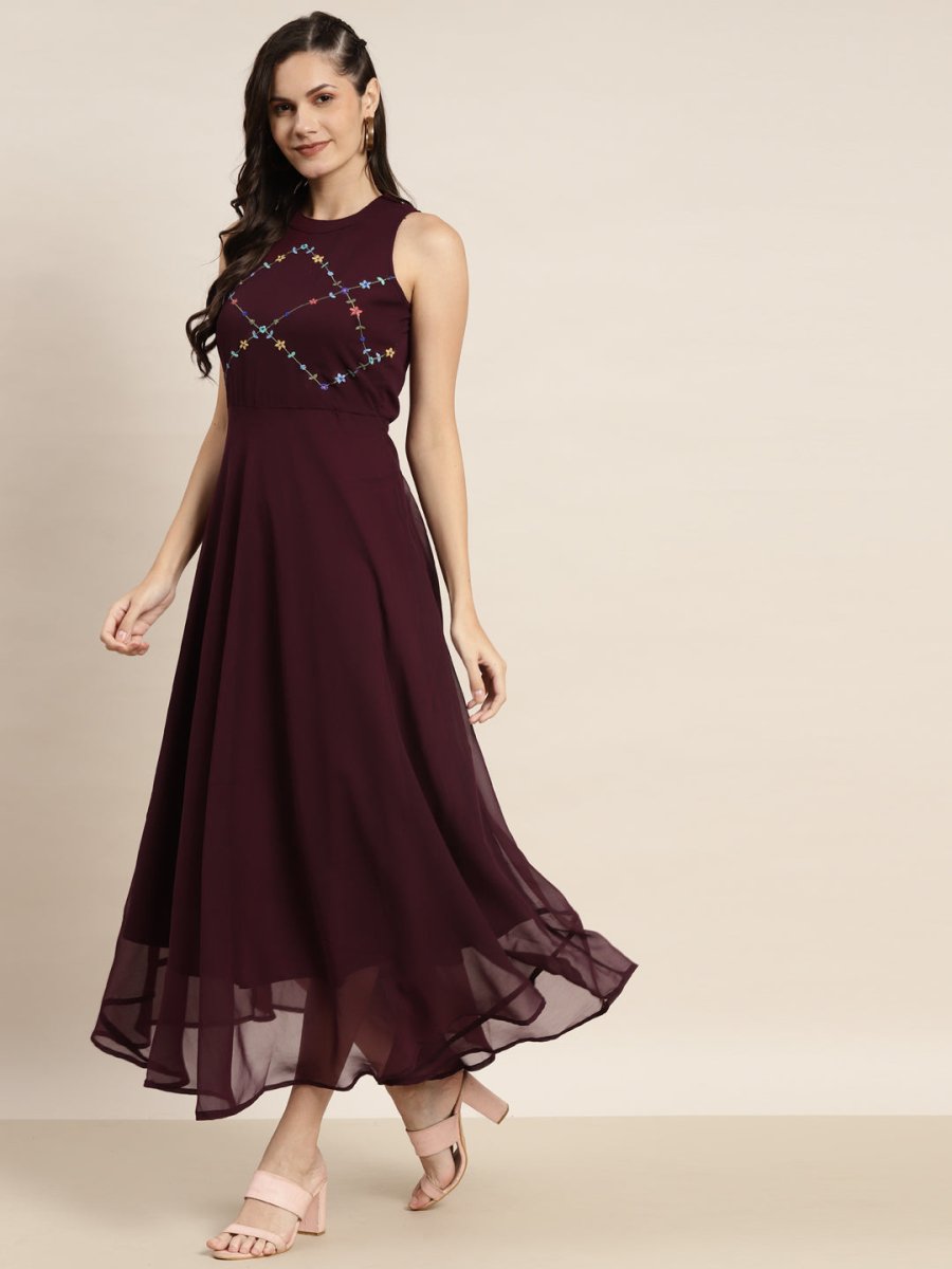 Embroidered A-Line Midi Women Dress - JOK_1474_Purple_XS