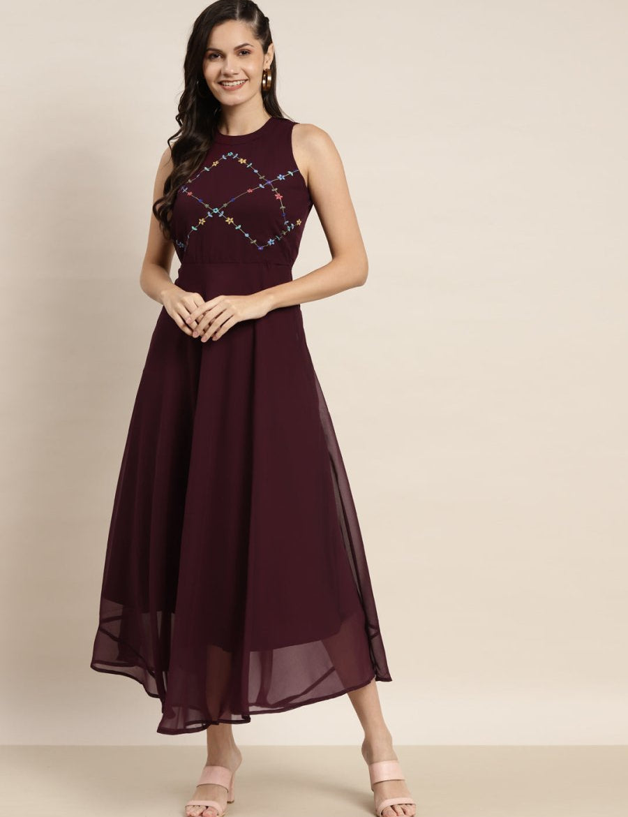 Embroidered A-Line Midi Women Dress - JOK_1474_Purple_XS