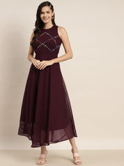 Embroidered A-Line Midi Women Dress - JOK_1474_Purple_XS