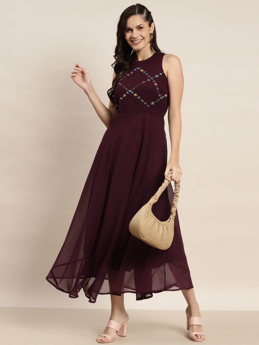 Embroidered A-Line Midi Women Dress - JOK_1474_Purple_XS