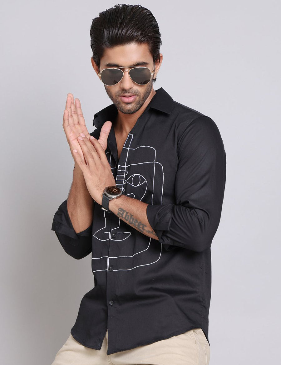 Embroidered Cotton Casual Shirt For Men - SF_9002Black_S