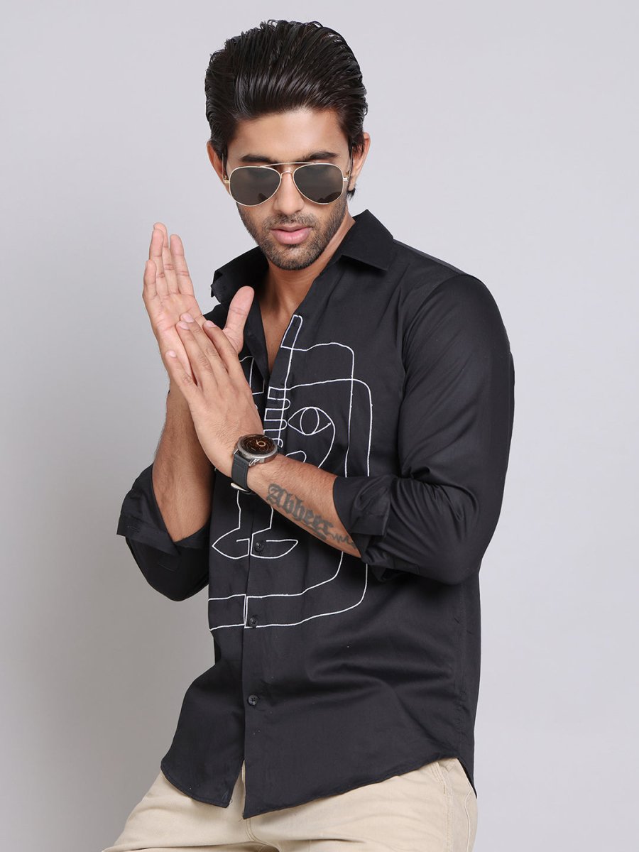 Embroidered Cotton Casual Shirt For Men - SF_9002Black_S