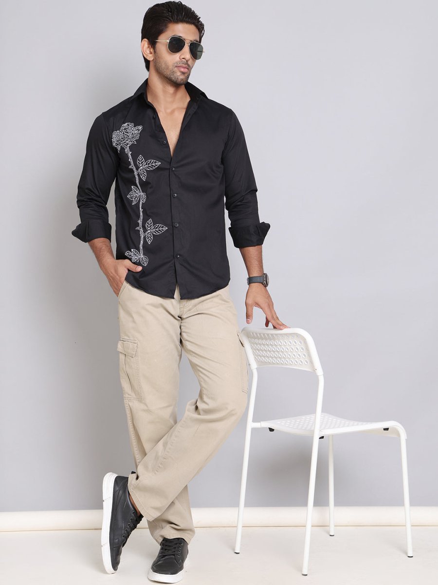 Embroidered Cotton Casual Shirt For Men - SF_9001Black_S