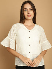 Embroidered Cotton V-Neck Top for Women - JNT_2020White_XS