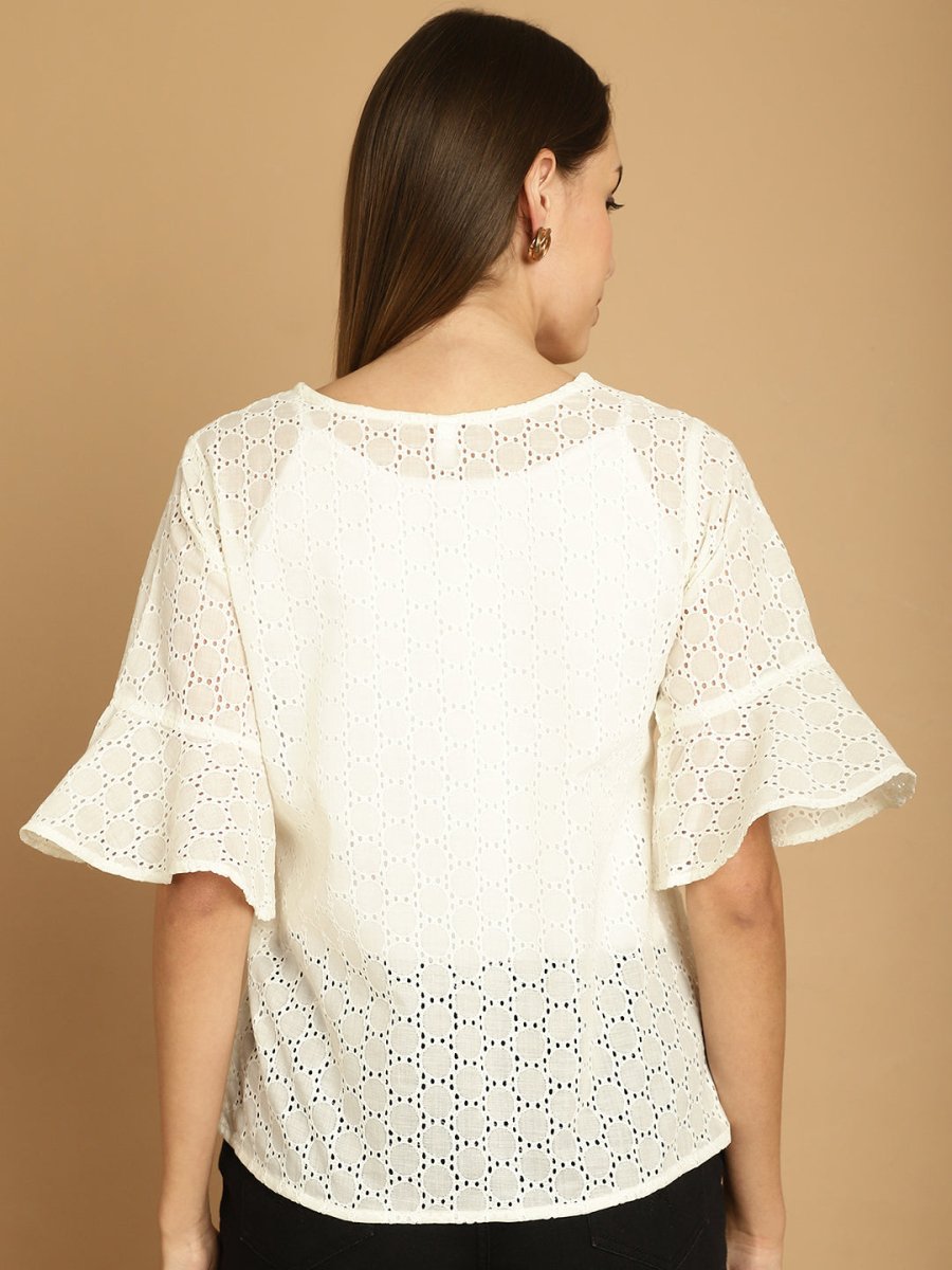 Embroidered Cotton V-Neck Top for Women - JNT_2020White_XS