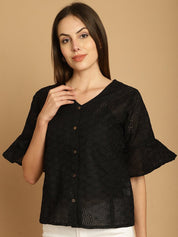 Embroidered Cotton V-Neck Top for Women - JNT_2020Black_XS
