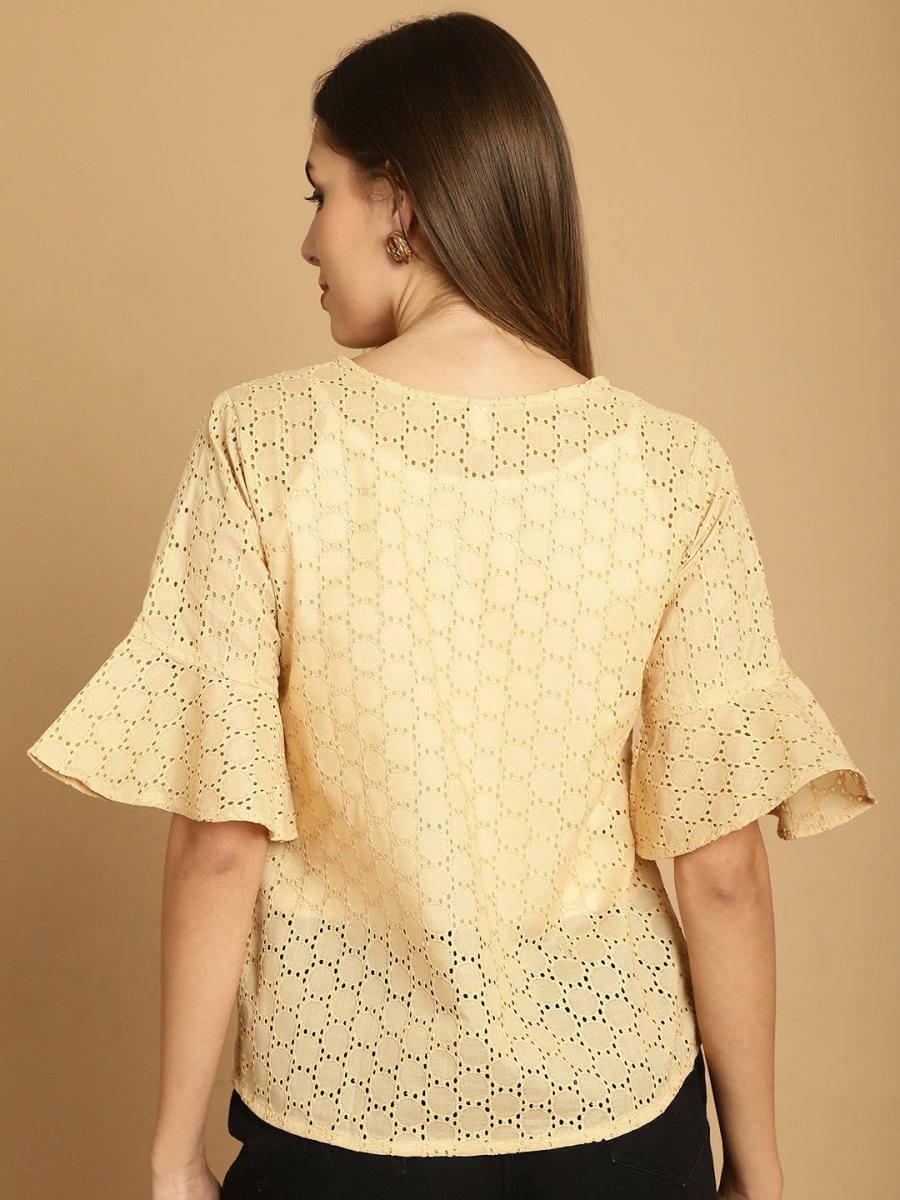 Embroidered Cotton V-Neck Top for Women - JNT_2020Beige_XS