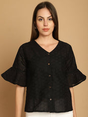 Embroidered Cotton V-Neck Top for Women - JNT_2020Black_XS