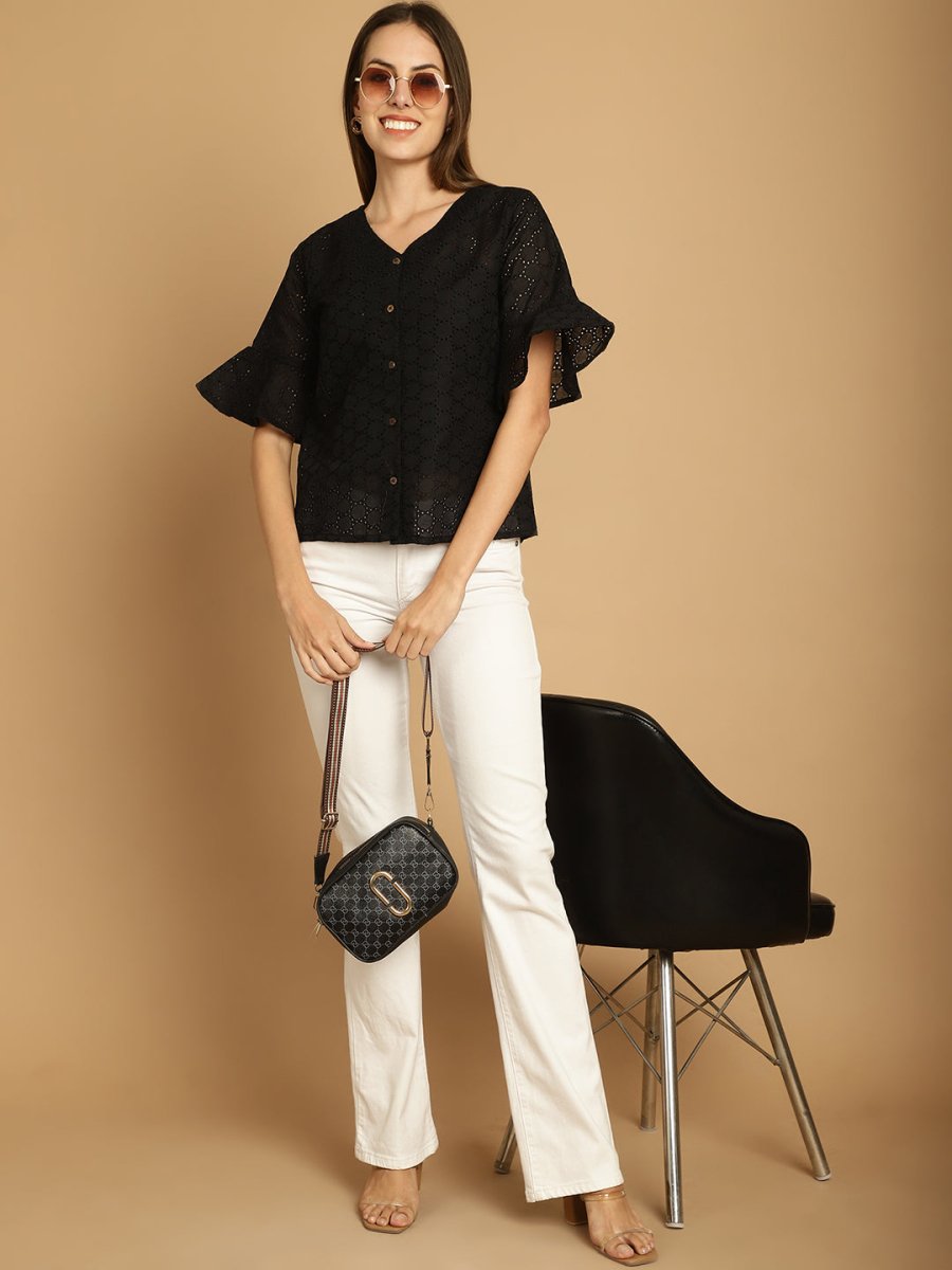 Embroidered Cotton V-Neck Top for Women - JNT_2020Black_XS