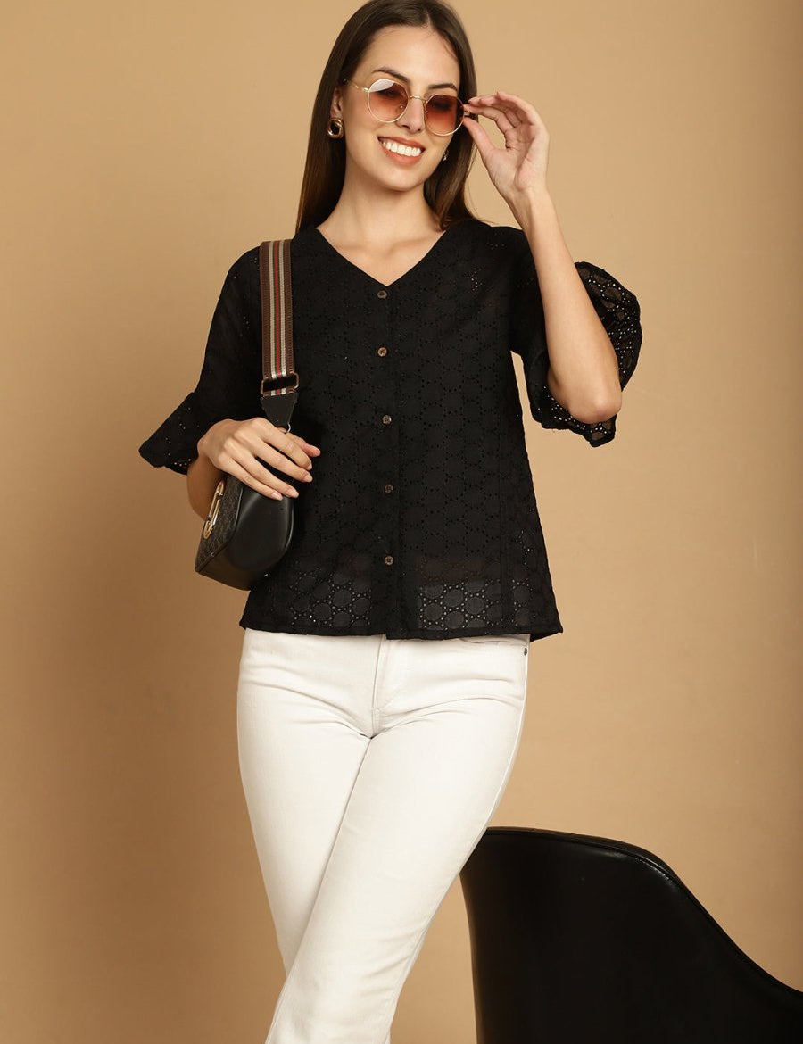 Embroidered Cotton V-Neck Top for Women - JNT_2020Black_XS