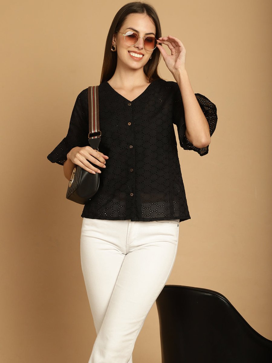 Embroidered Cotton V-Neck Top for Women - JNT_2020Black_XS