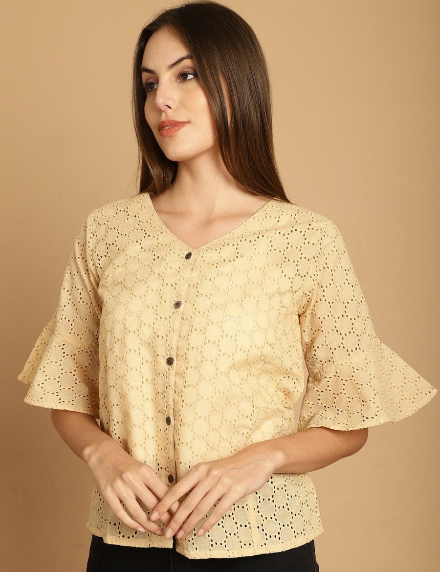 Embroidered Cotton V-Neck Top for Women - JNT_2020Beige_XS