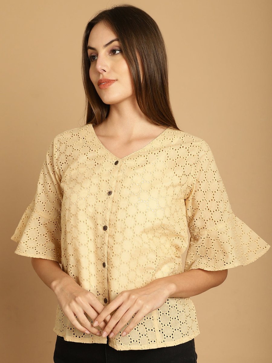 Embroidered Cotton V-Neck Top for Women - JNT_2020Beige_XS