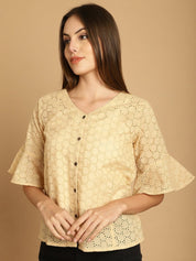 Embroidered Cotton V-Neck Top for Women - JNT_2020Beige_XS