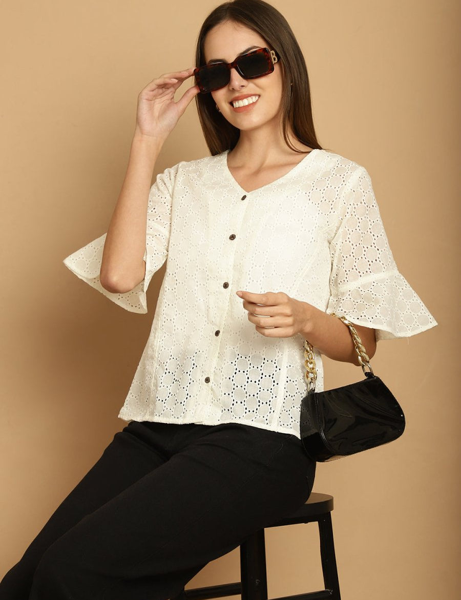 Embroidered Cotton V-Neck Top for Women - JNT_2020White_XS