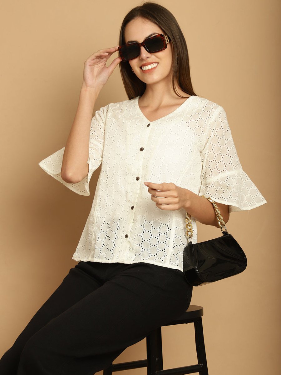 Embroidered Cotton V-Neck Top for Women - JNT_2020White_XS