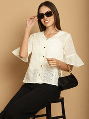 Embroidered Cotton V-Neck Top for Women - JNT_2020White_XS