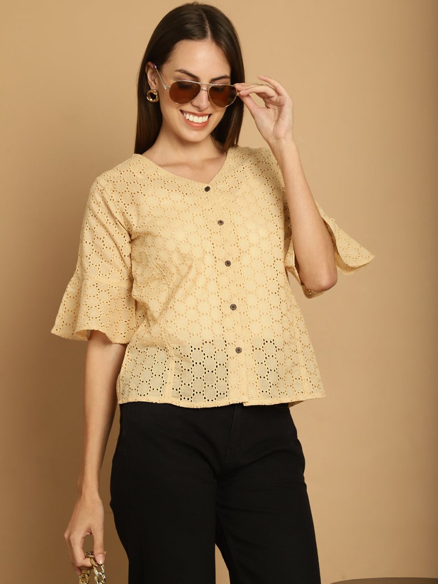 Embroidered Cotton V-Neck Top for Women - JNT_2020Beige_XS