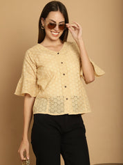 Embroidered Cotton V-Neck Top for Women - JNT_2020Beige_XS