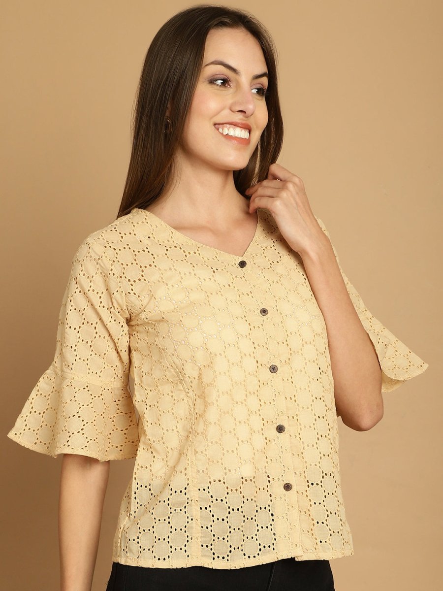 Embroidered Cotton V-Neck Top for Women - JNT_2020Beige_XS