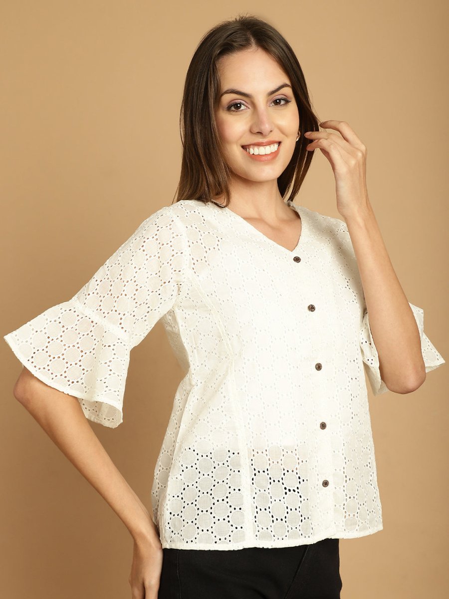 Embroidered Cotton V-Neck Top for Women - JNT_2020White_XS