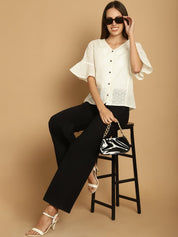 Embroidered Cotton V-Neck Top for Women - JNT_2020White_XS
