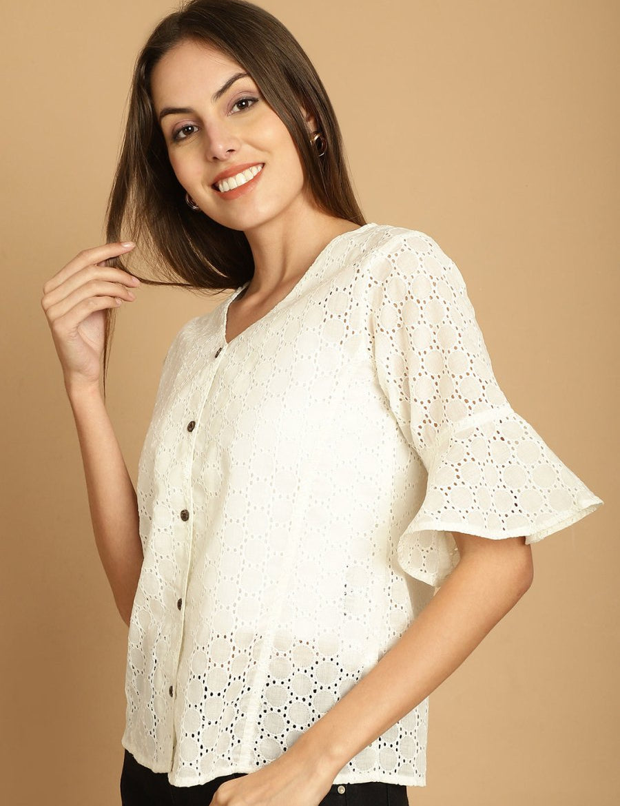 Embroidered Cotton V-Neck Top for Women - JNT_2020White_XS