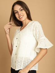 Embroidered Cotton V-Neck Top for Women - JNT_2020White_XS