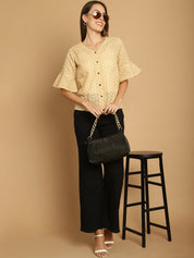 Embroidered Cotton V-Neck Top for Women - JNT_2020Beige_XS