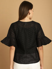 Embroidered Cotton V-Neck Top for Women - JNT_2020Black_XS