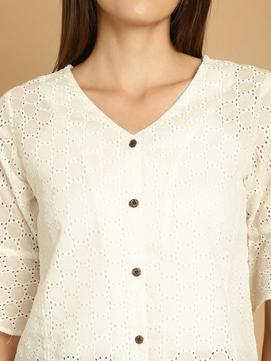 Embroidered Cotton V-Neck Top for Women - JNT_2020White_XS