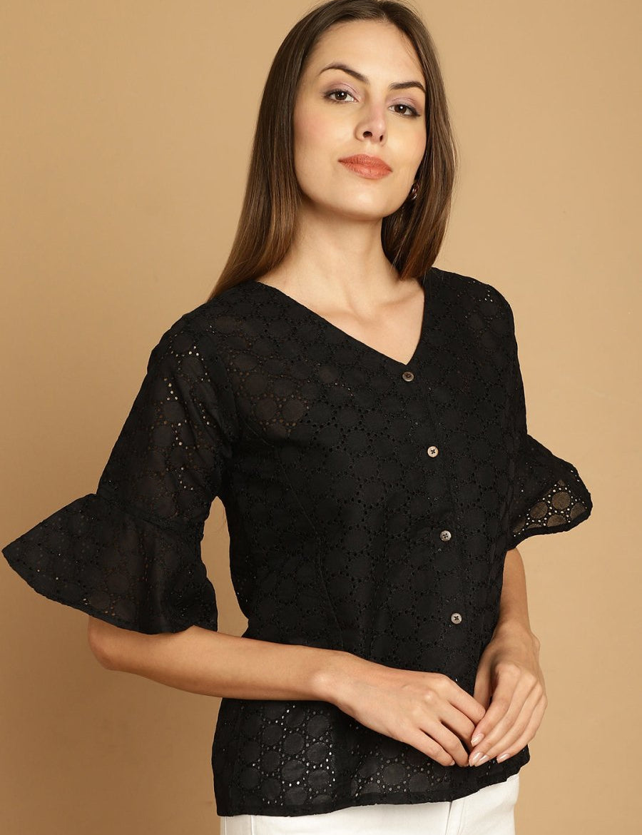 Embroidered Cotton V-Neck Top for Women - JNT_2020Black_XS