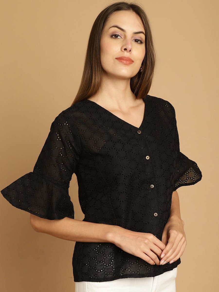 Embroidered Cotton V-Neck Top for Women - JNT_2020Black_XS