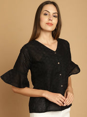 Embroidered Cotton V-Neck Top for Women - JNT_2020Black_XS